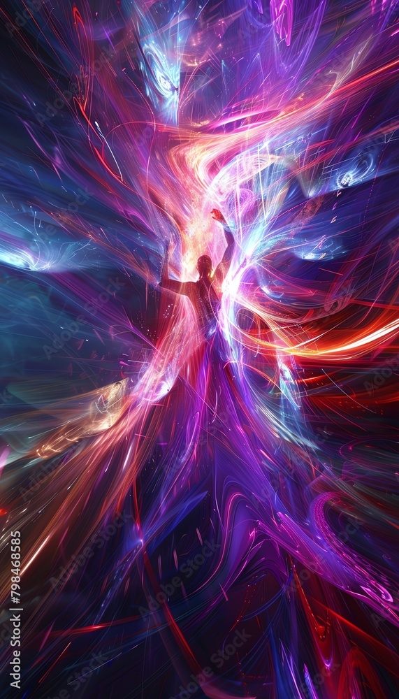 Obraz premium Illustrate an abstract digital realm where dancers merge with holographic projections, choreographing light trails and kinetic energy from an unusual worms-eye perspective