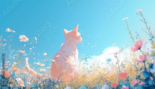 Cat with pastel tails sits in wildflower field under clear blue sky. photo