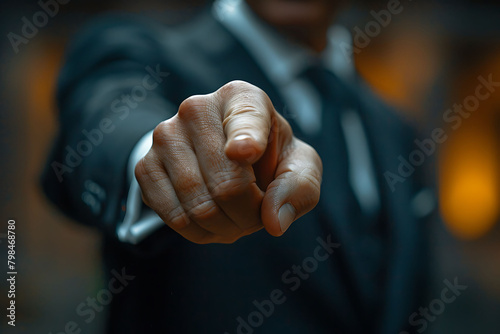 A man in a suit extends his finger directly towards. business man pointing with his finger