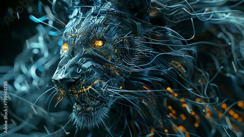 Compose a scene where a digital lion, blending wires and metal, roars fiercely at the lens, revealing intricate circuit patterns beneath its vivid, glowing eyes Depth of field emphasizing its cybernet