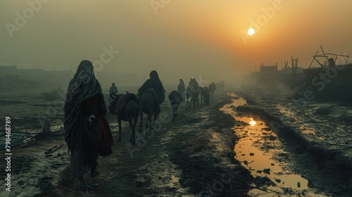 Migration of people and animals from dried-up riverbed with dead vegetation in poignant image