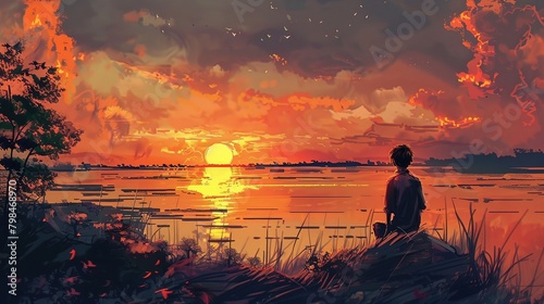 An illustration of someone pausing to watch a sunset, reflecting on the passage of time photo