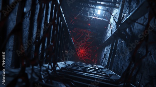 Capture the eerie essence of Blockchain Technology with a low-angle view, blending horror thrills through unexpected camera angles Render a haunting, photorealistic scene that grips the viewers imagin photo