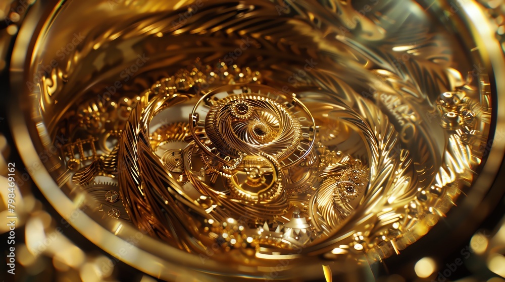 Merge the opulent with the enigmatic as an intricately detailed golden watch, adorned with swirling patterns reminiscent of human thoughts, is exhibited through a distorted fisheye lens, evoking a sen Merge the opulent with the enigmatic as an intricately detailed golden watch, adorned with swirling patterns reminiscent of human thoughts, is exhibited through a distorted fisheye lens, evoking a sen