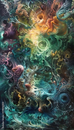 Capture a high-angle view of a labyrinthine mind, where thoughts swirl like ethereal wisps in an oil-painted world Surrealism meets psychology in vivid, dreamlike strokes © Amemage