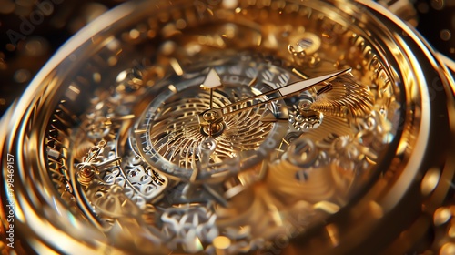 Merge the opulent with the enigmatic as an intricately detailed golden watch  adorned with swirling patterns reminiscent of human thoughts  is exhibited through a distorted fisheye lens  evoking a sen
