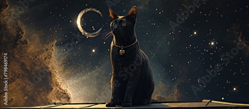 Black cat with a crescent moon and sky in the background.