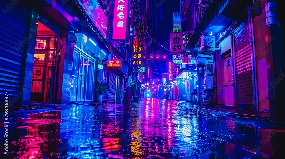 Merge Cyberpunk aesthetics with a tilted angle view, portraying neon-soaked streets and futuristic technology through a glitchy lens Utilize unexpected camera angles to emphasize the juxtaposition of
