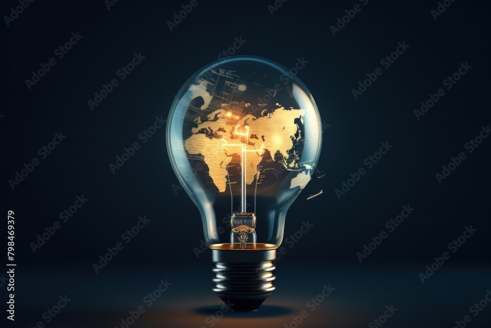 Light bulb with world map inside innovation illuminated. Light bulb with world map inside innovation illuminated.