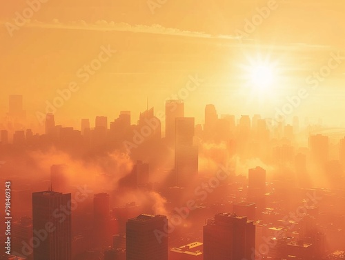 Heatwave shimmering over cityscape bright sun scorching visible heat distortion concept of global warming