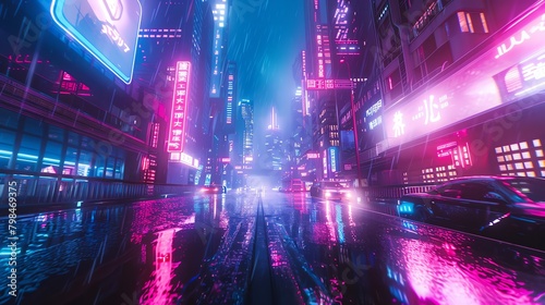 Merge Cyberpunk aesthetics with a tilted angle view  portraying neon-soaked streets and futuristic technology through a glitchy lens Utilize unexpected camera angles to emphasize the juxtaposition of