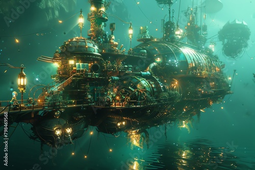 Craft a breathtaking underwater realm with intricate steampunk-inspired machinery, submerged in a kaleidoscope of shimmering lights that dance with the movement of fantastical marine beings