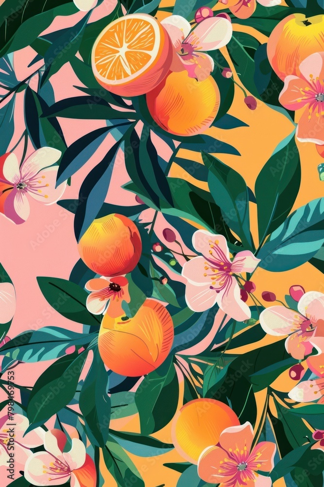 Fototapeta premium Colorful peach on contrast background backgrounds grapefruit pattern.