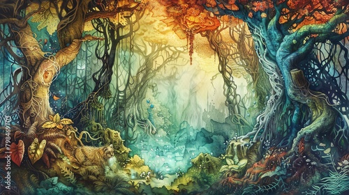 Illustrate a panoramic view of a mystical forest where mythical creatures harmoniously express their emotions through music Blend elements of realism and fantasy using vibrant colors and intricate det