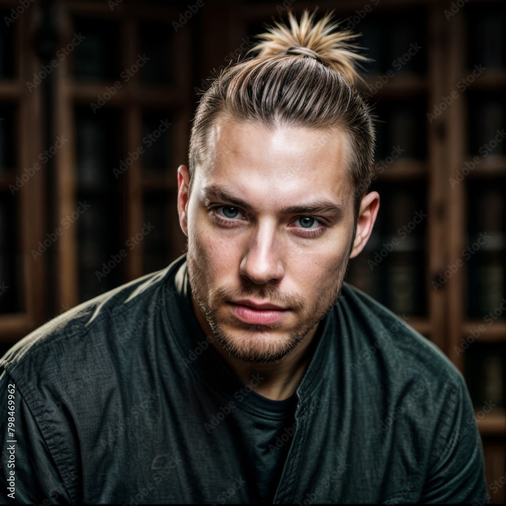 A man with a pompadour hairstyle looks directly at the camera A man with a pompadour hairstyle looks directly at the camera
