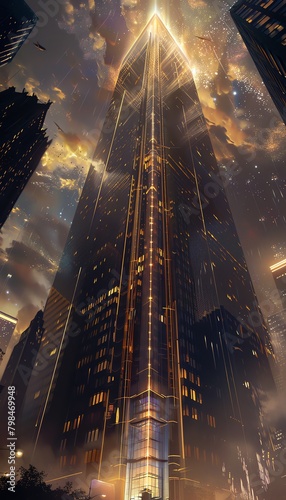Illustrate a majestic skyscraper at dusk, towering above with intricate architectural details highlighted by a unique lighting design Create a blend of realism and artistic interpretation using digita photo