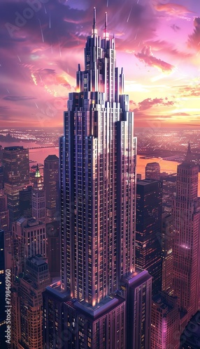 Illustrate a majestic skyscraper at dusk, towering above with intricate architectural details highlighted by a unique lighting design Create a blend of realism and artistic interpretation using digita photo