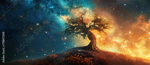 A majestic tree standing atop a hill is silhouetted against a mesmerizing galaxy in the distant night sky