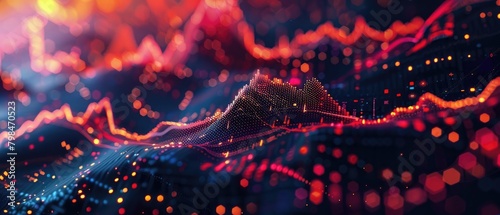 A 3D rendering of a mountain range with glowing red and orange peaks and a dark blue background. photo