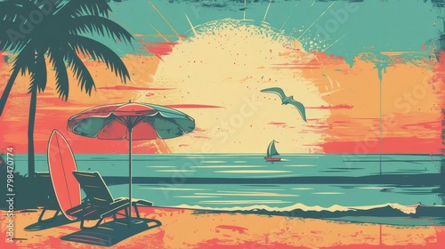 Retro vibes at a tropical sunset beach with surfboard and umbrella