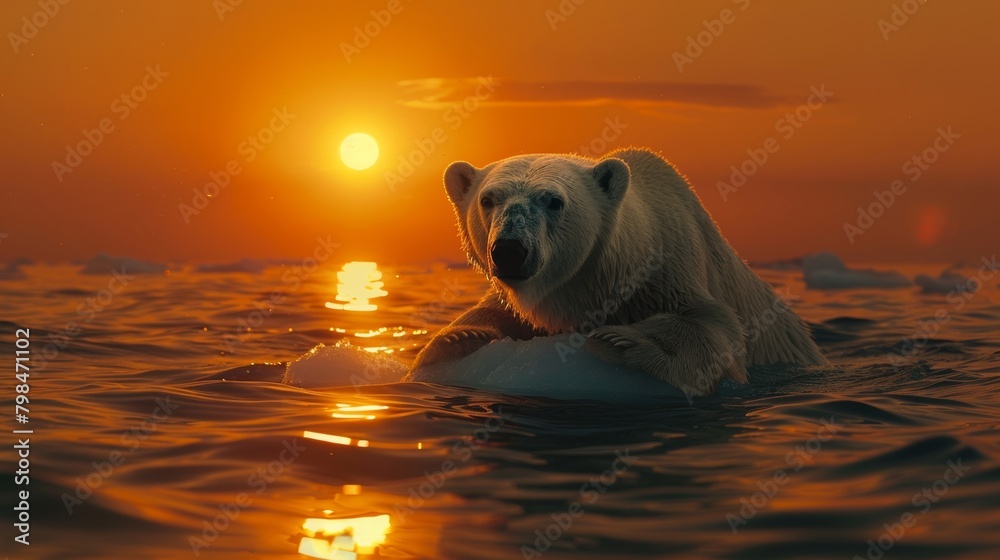 Stranded Polar Bear on Small Iceberg in Vast Arctic Waters - Powerful Image of Wildlife in Peril