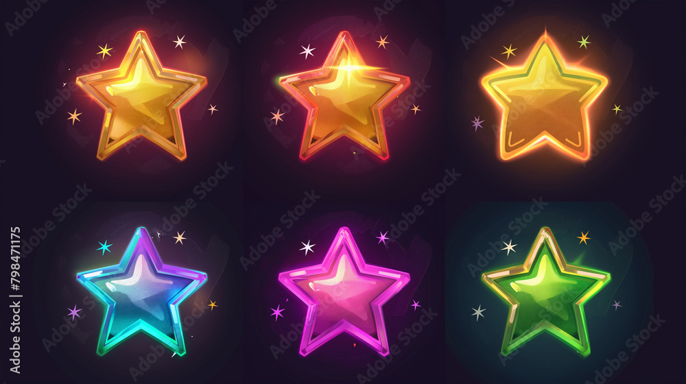 Set of colorful star isolation on dark background, game icons set, Illustration Set of colorful star isolation on dark background, game icons set, Illustration