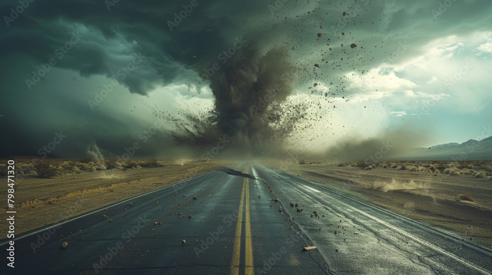 Fototapeta premium Destructive tornado on desert highway with ominous clouds - powerful natural disaster scene