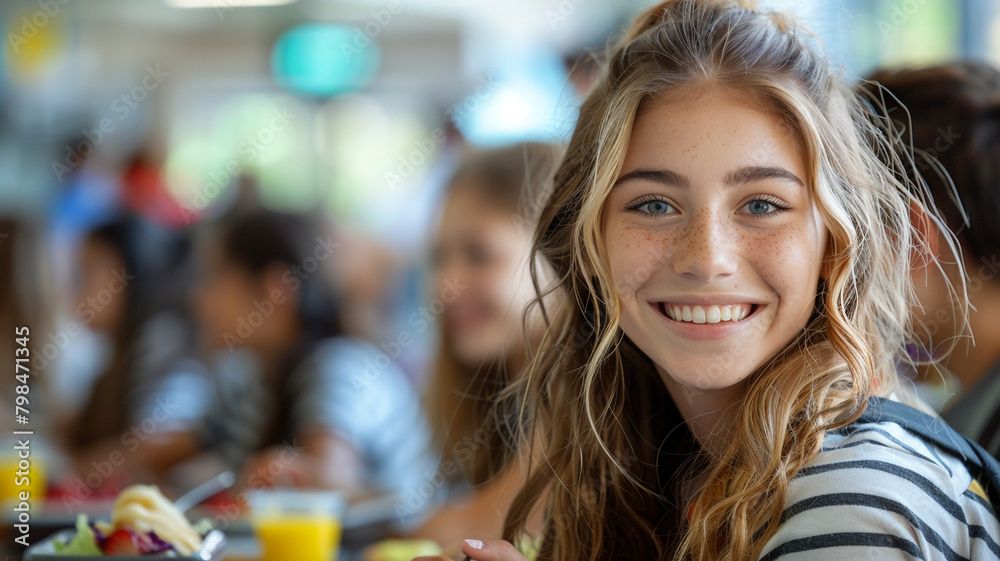 Cheerful happy cute funny students kids eat in school cafeteria, dining room, canteen, childhood boy and girl education fruits and vegetables. Cheerful happy cute funny students kids eat in school cafeteria, dining room, canteen, childhood boy and girl education fruits and vegetables.