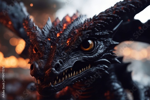 'dragon fire black eye red reptile painting daemon illustration drawing fantasy evil art monster glowing scarey dark' photo