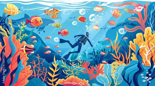 A vibrant underwater scene with a diver exploring colorful coral reefs and fish
