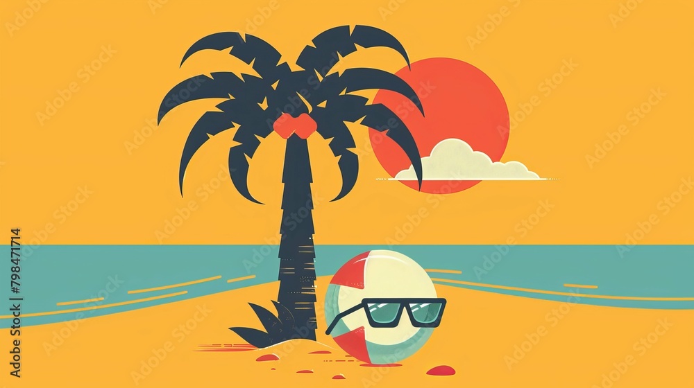 Beach ball chilling under a sunset palm