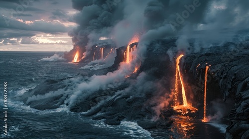 Molten Lava Flowing into Ocean at Hawaii Volcanoes National Park: A Serene Yet Daunting View photo