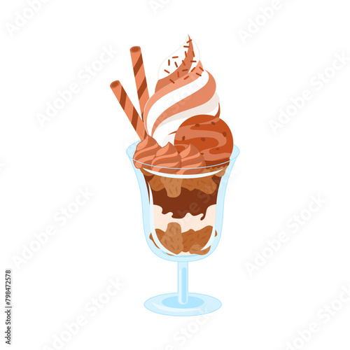 チョコレートパフェ。フラットなベクターイラスト。
Chocolate parfait. Flat vector illustration.