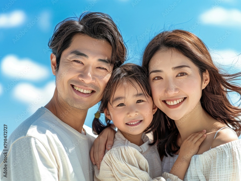 A happy family of three, outdoor travel group photo A happy family of three, outdoor travel group photo