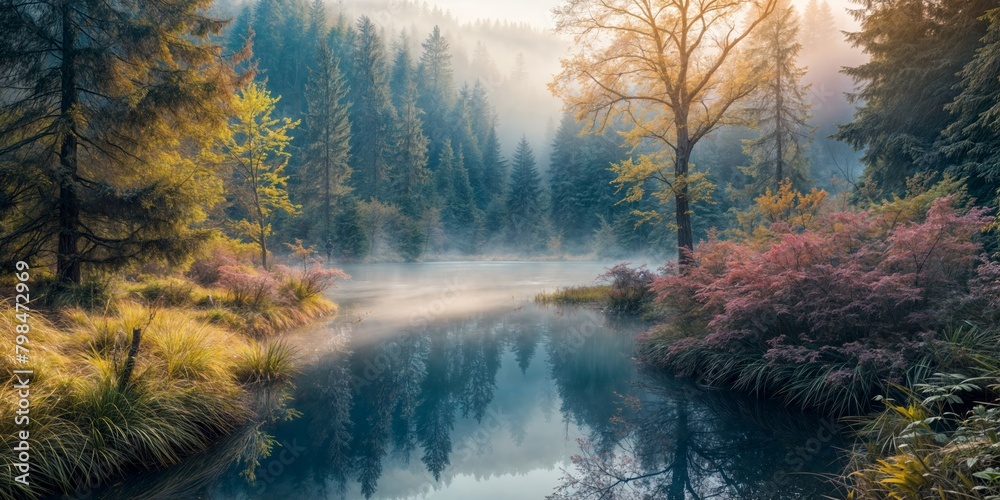 Spring landscape in a quiet forest with a lake very early in the morning