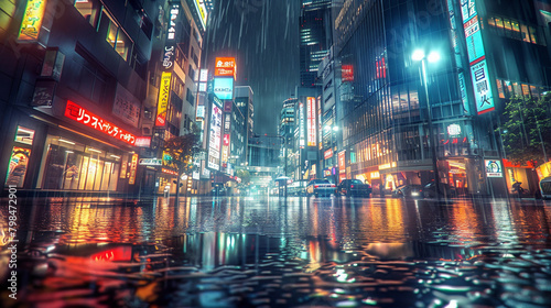 Nightscapes: Vibrant City After Rain, Reflecting City Lights and Urban Bustle © jixiang