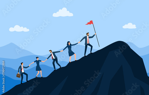 Group of businesspeople climb the mountain. The metaphor of success in business, career, teamwork, progress, leadership, cooperation.