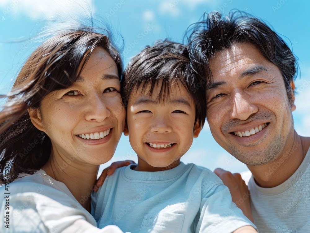 A happy family of three, outdoor travel group photo A happy family of three, outdoor travel group photo