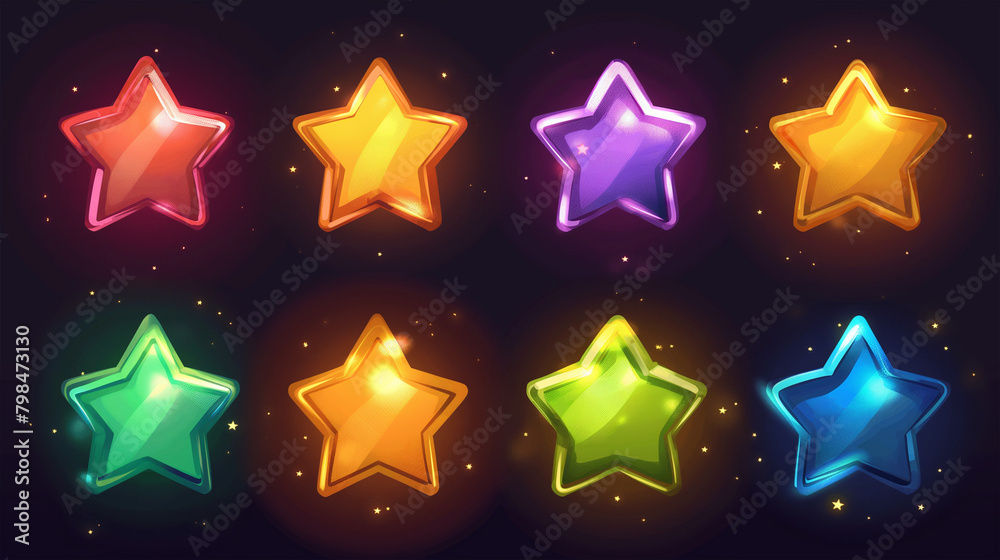 Set of colorful star isolation on dark background, game icons set, Illustration Set of colorful star isolation on dark background, game icons set, Illustration
