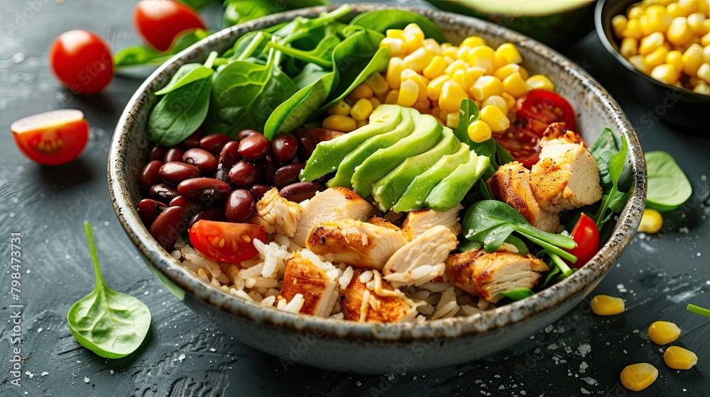 Indulge in a delightful homemade Mexican chicken burrito bowl brimming with flavorful rice beans corn juicy tomato creamy avocado and fresh spinach a scrumptious taco salad lunch bowl await Indulge in a delightful homemade Mexican chicken burrito bowl brimming with flavorful rice beans corn juicy tomato creamy avocado and fresh spinach a scrumptious taco salad lunch bowl await