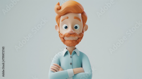 A cheerful 3D animated gentleman with an orange beard, glasses, and a sky-blue shirt, posing with his arms crossed. photo