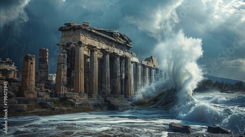 Tsunami Wave Crashes into Ancient Ruins in Crete, Greece: Historical Architecture Meets Natural Disaster Fury photo