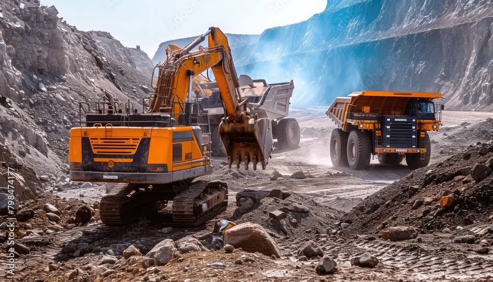 Heavy machinery used in the mining industry. ⛏️🚜 Massive excavators, trucks, and loaders work together in a bustling industrial setting. Ideal for showcasing the scale and power of mining operations. Heavy machinery used in the mining industry. ⛏️🚜 Massive excavators, trucks, and loaders work together in a bustling industrial setting. Ideal for showcasing the scale and power of mining operations.