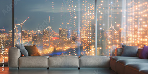 Living room with sofa and the city with widnmill or wind turbine, concept of clean energy and electricity from wind, photo