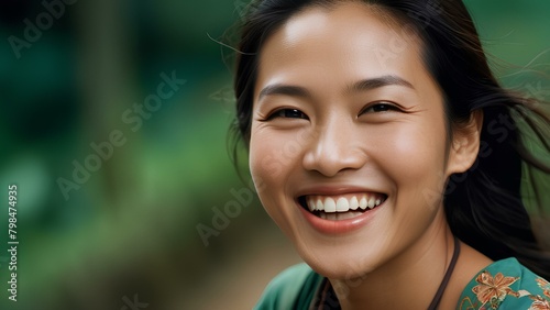 Close up of Happy asian woman with a wide smile, showing the upper teeth