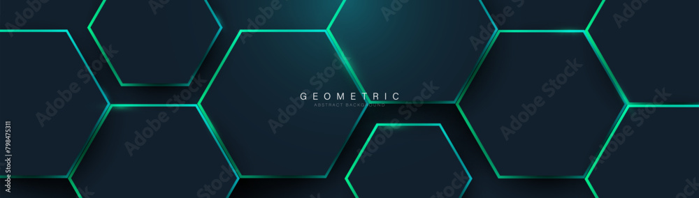 Naklejka premium Abstract blue hexagon with green neon lines background. Futuristic digital hi-technology horizontal banner. Vector