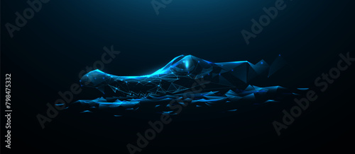 Crocodile partially submerged. Crocodile alligator close up. Low polygonal, wireframe, linear and mesh illustration