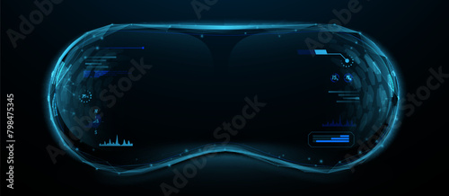 VR. View from VR glasses. Virtual reality simulation. Futuristic digital technology. Low polygonal, wireframe, linear and mesh illustration