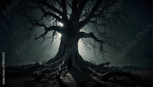 A decrepit tree with a thick trunk and sprawling roots, casting terrifying shadows in the moonlight ai_generated photo