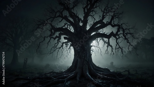 A decrepit tree with a thick trunk and sprawling roots, casting terrifying shadows in the moonlight ai_generated